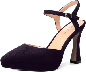 AMBELIGHT Womens Platform Pointed Toe Ankle Strap Dress Buckle Dress Shoes Suede Evening Stiletto High Heel Pumps Shoes 4 Inch