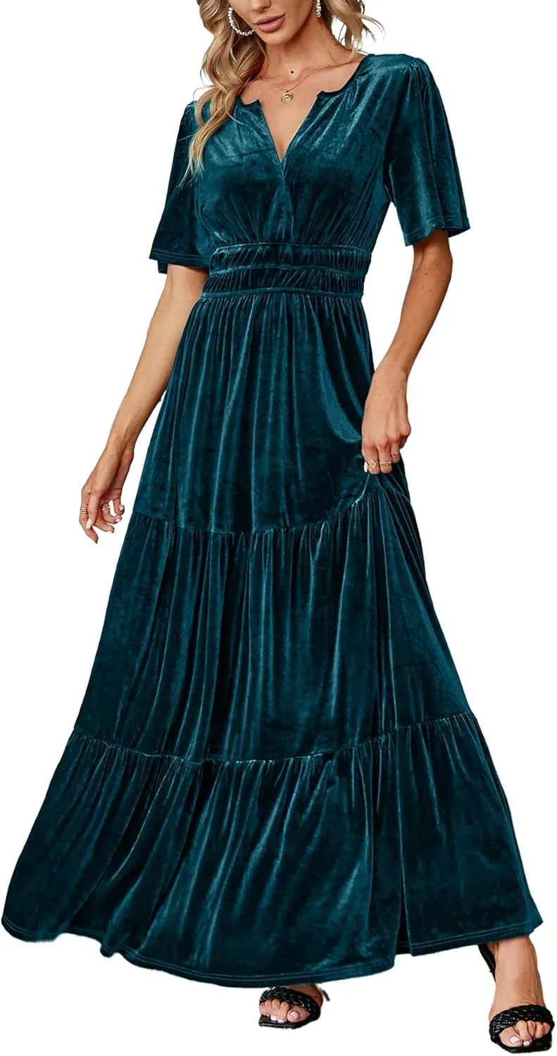 Amegoya Women's Velvet Short Sleeve V Neck Formal Wedding Guest Maxi Dresses Fall Evening Party Long Dresses