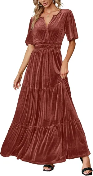 Amegoya Women's Velvet Short Sleeve V Neck Formal Wedding Guest Maxi Dresses Fall Evening Party Long Dresses
