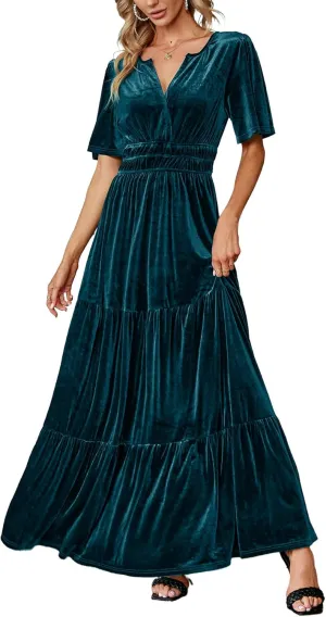 Amegoya Women's Velvet Short Sleeve V Neck Formal Wedding Guest Maxi Dresses Fall Evening Party Long Dresses