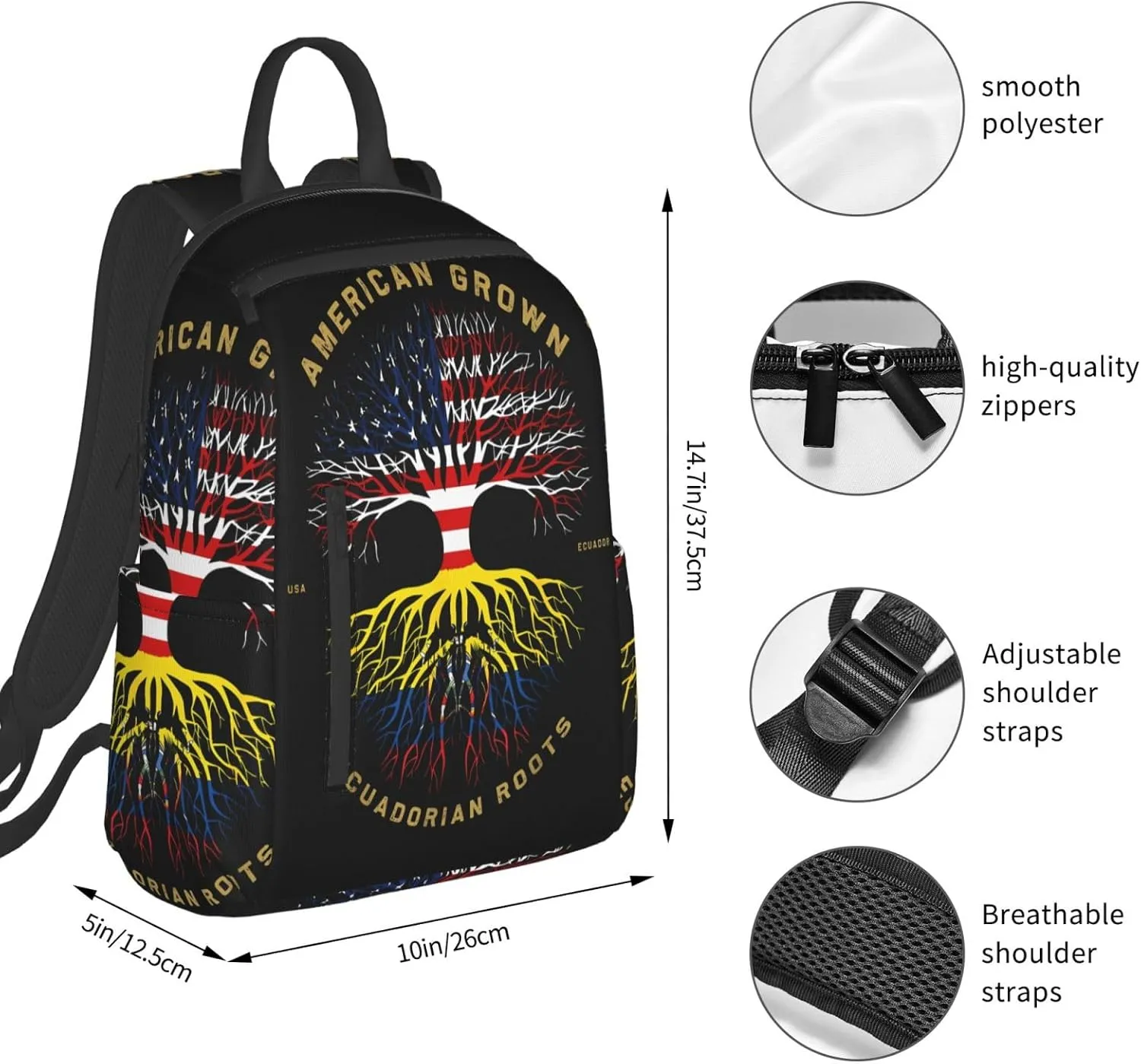 American Grown Ecuadorian Roots Tree Flag Casual Backpacks Large Capacity Laptop Backpack Sports Fitness Rucksack Travel Carry-On Daypack Work Bag for Outdoor Camping
