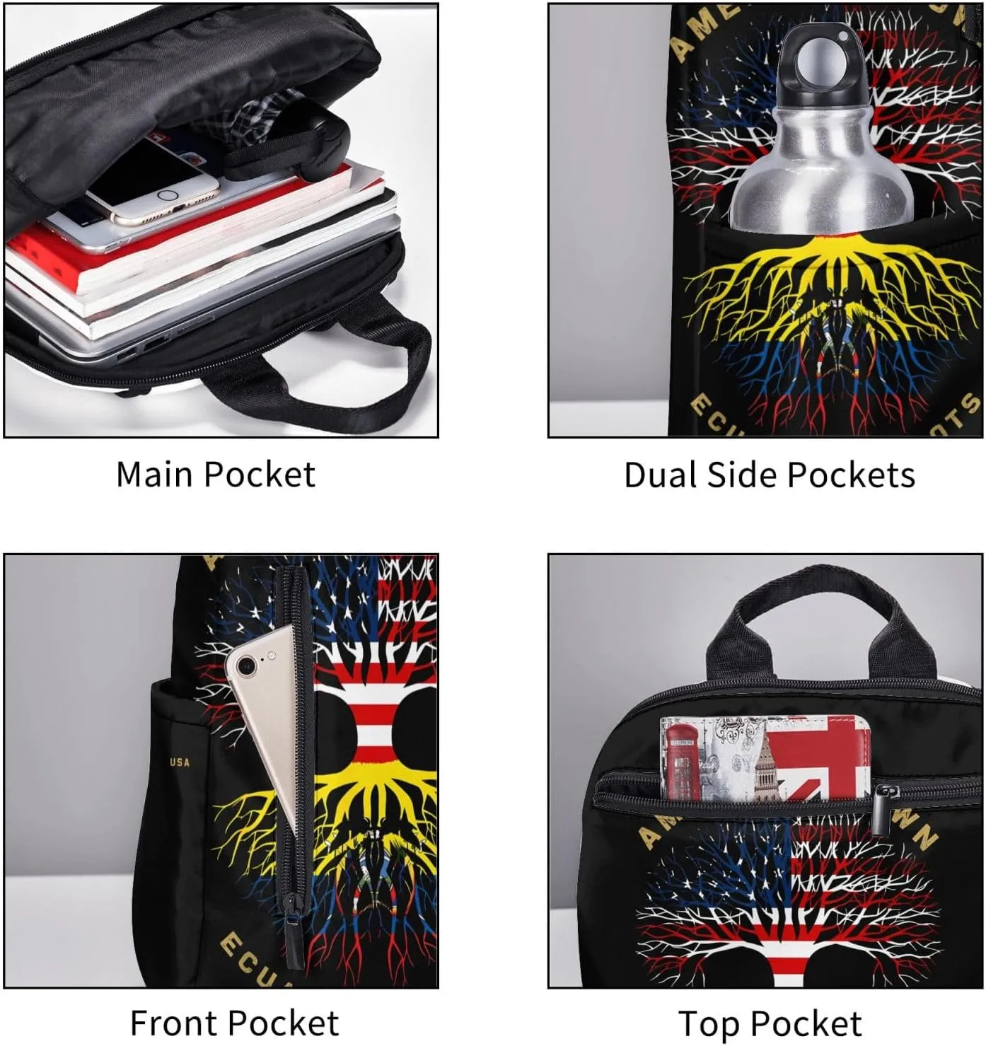 American Grown Ecuadorian Roots Tree Flag Casual Backpacks Large Capacity Laptop Backpack Sports Fitness Rucksack Travel Carry-On Daypack Work Bag for Outdoor Camping