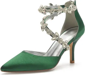 Anna's Bridal Women's Pointed Toe High Heels Pumps Ankle Strap Rhinestones Satin Heels Wedding Shoes for Bride Prom Party Dress Shoes Sandals
