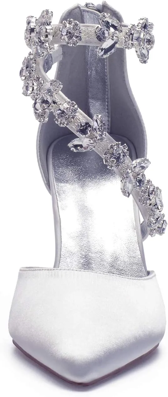 Anna's Bridal Women's Pointed Toe High Heels Pumps Ankle Strap Rhinestones Satin Heels Wedding Shoes for Bride Prom Party Dress Shoes Sandals