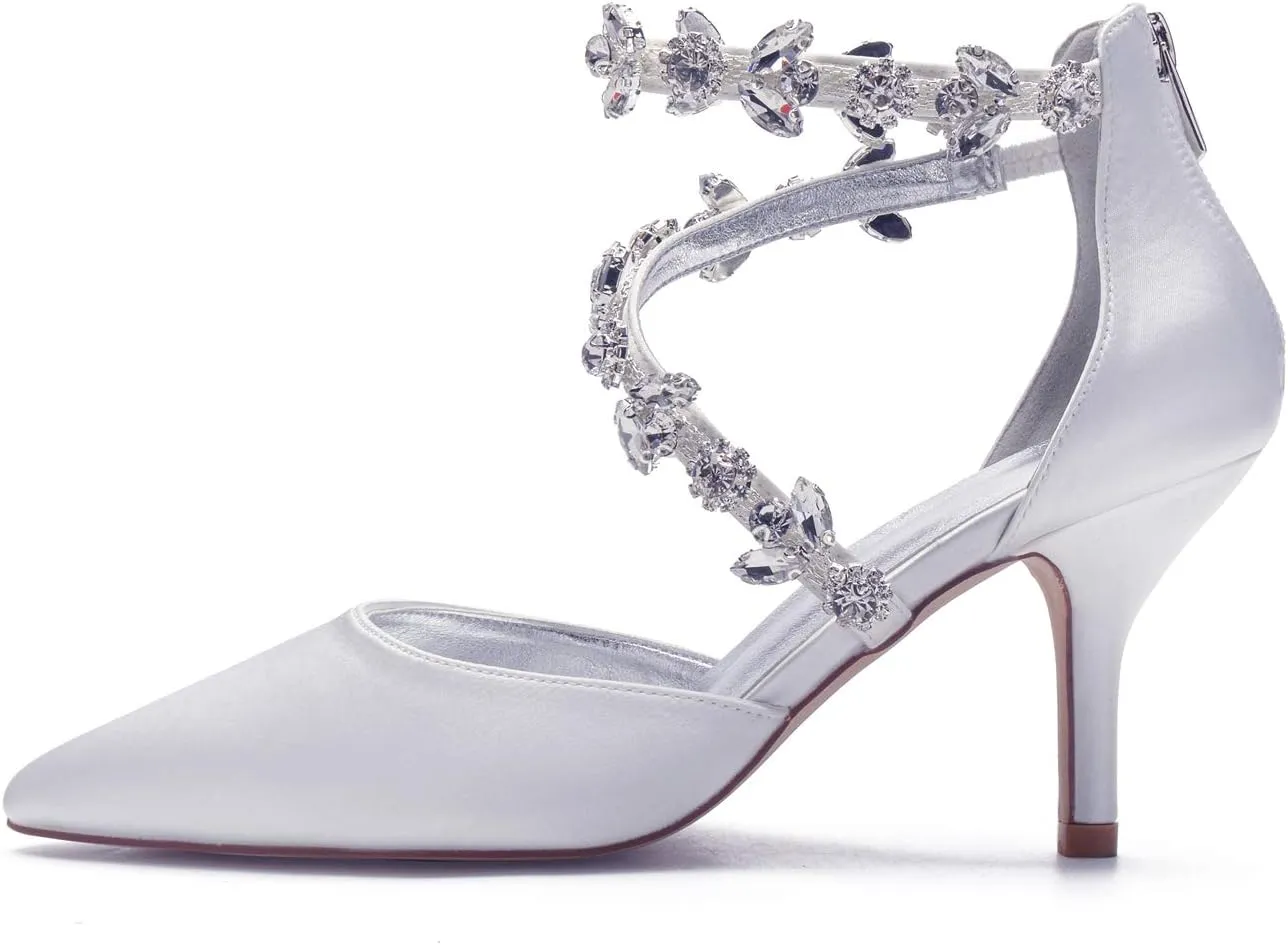 Anna's Bridal Women's Pointed Toe High Heels Pumps Ankle Strap Rhinestones Satin Heels Wedding Shoes for Bride Prom Party Dress Shoes Sandals