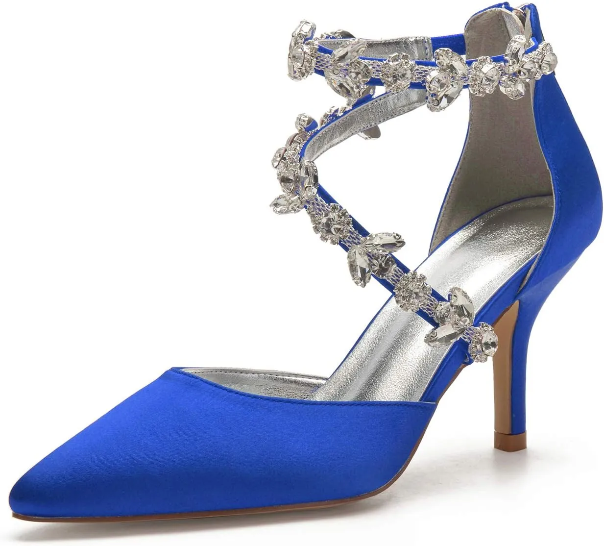 Anna's Bridal Women's Pointed Toe High Heels Pumps Ankle Strap Rhinestones Satin Heels Wedding Shoes for Bride Prom Party Dress Shoes Sandals
