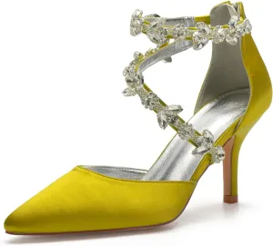 Anna's Bridal Women's Pointed Toe High Heels Pumps Ankle Strap Rhinestones Satin Heels Wedding Shoes for Bride Prom Party Dress Shoes Sandals