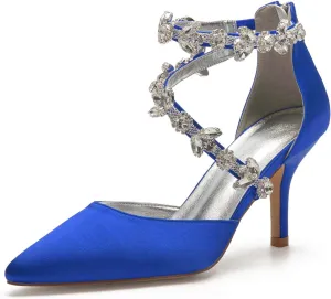 Anna's Bridal Women's Pointed Toe High Heels Pumps Ankle Strap Rhinestones Satin Heels Wedding Shoes for Bride Prom Party Dress Shoes Sandals