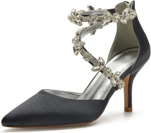 Anna's Bridal Women's Pointed Toe High Heels Pumps Ankle Strap Rhinestones Satin Heels Wedding Shoes for Bride Prom Party Dress Shoes Sandals