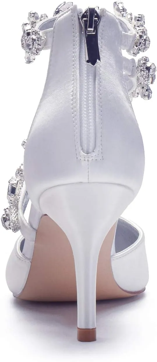 Anna's Bridal Women's Pointed Toe High Heels Pumps Ankle Strap Rhinestones Satin Heels Wedding Shoes for Bride Prom Party Dress Shoes Sandals