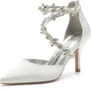 Anna's Bridal Women's Pointed Toe High Heels Pumps Ankle Strap Rhinestones Satin Heels Wedding Shoes for Bride Prom Party Dress Shoes Sandals