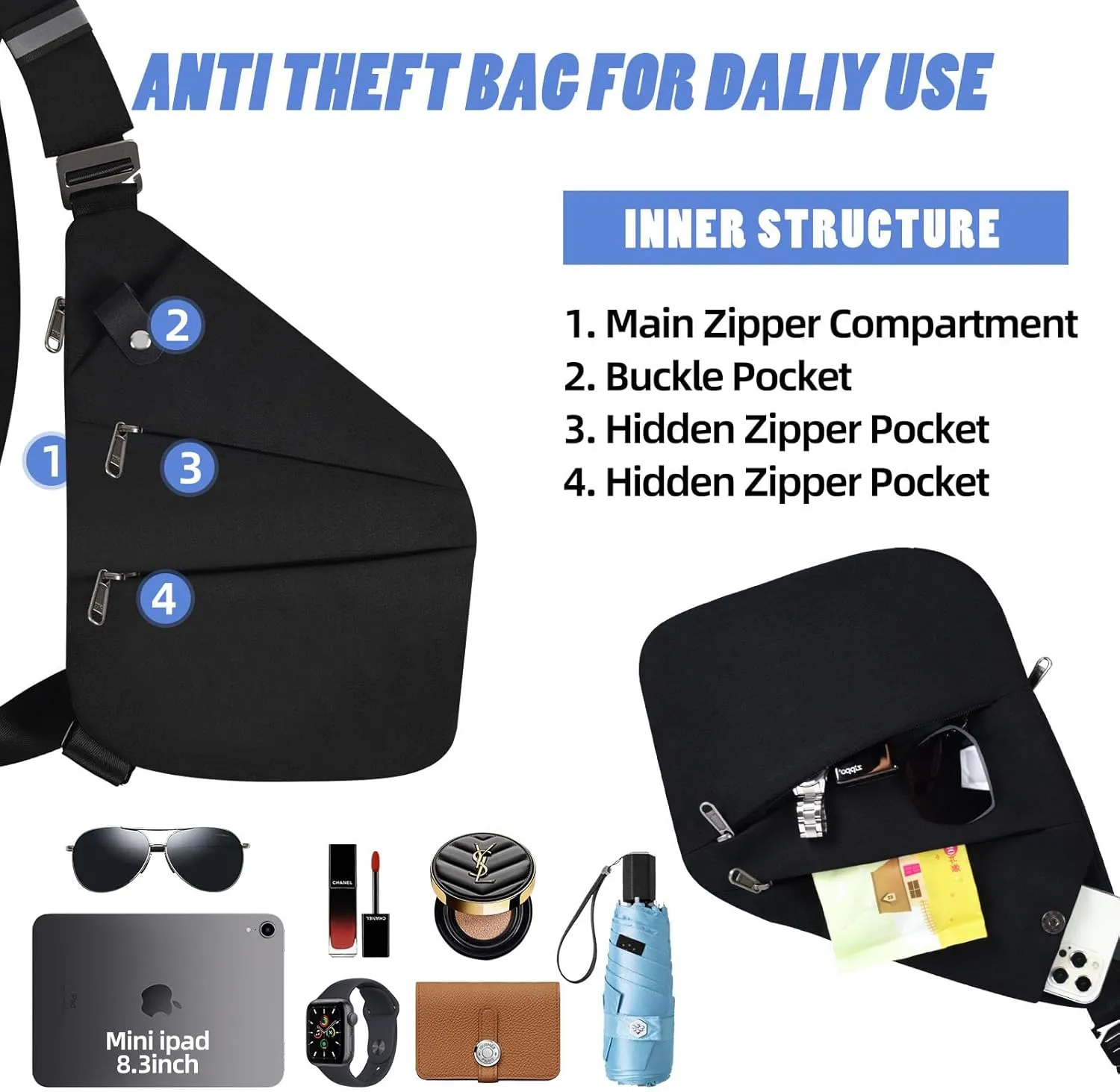 Anti Theft Crossbody Bag,Anti Theft Travel Bag for Women Men,Sling Crossbody Bag for Travel, Sport, Work