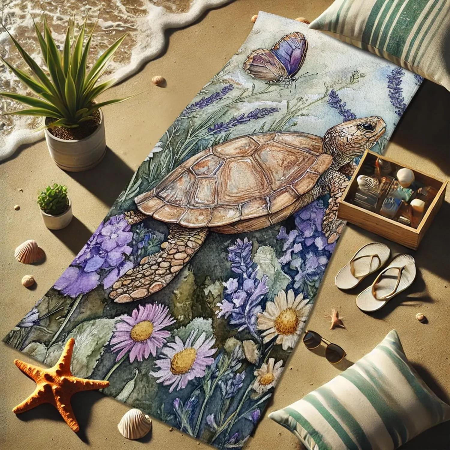 Artistic Sea Turtle Microfiber Beach Towel Blue Nature Design Quick Dry Absorbent Sand Free Soft Lightweight Pool Picnic Essentials 62x31 Inch
