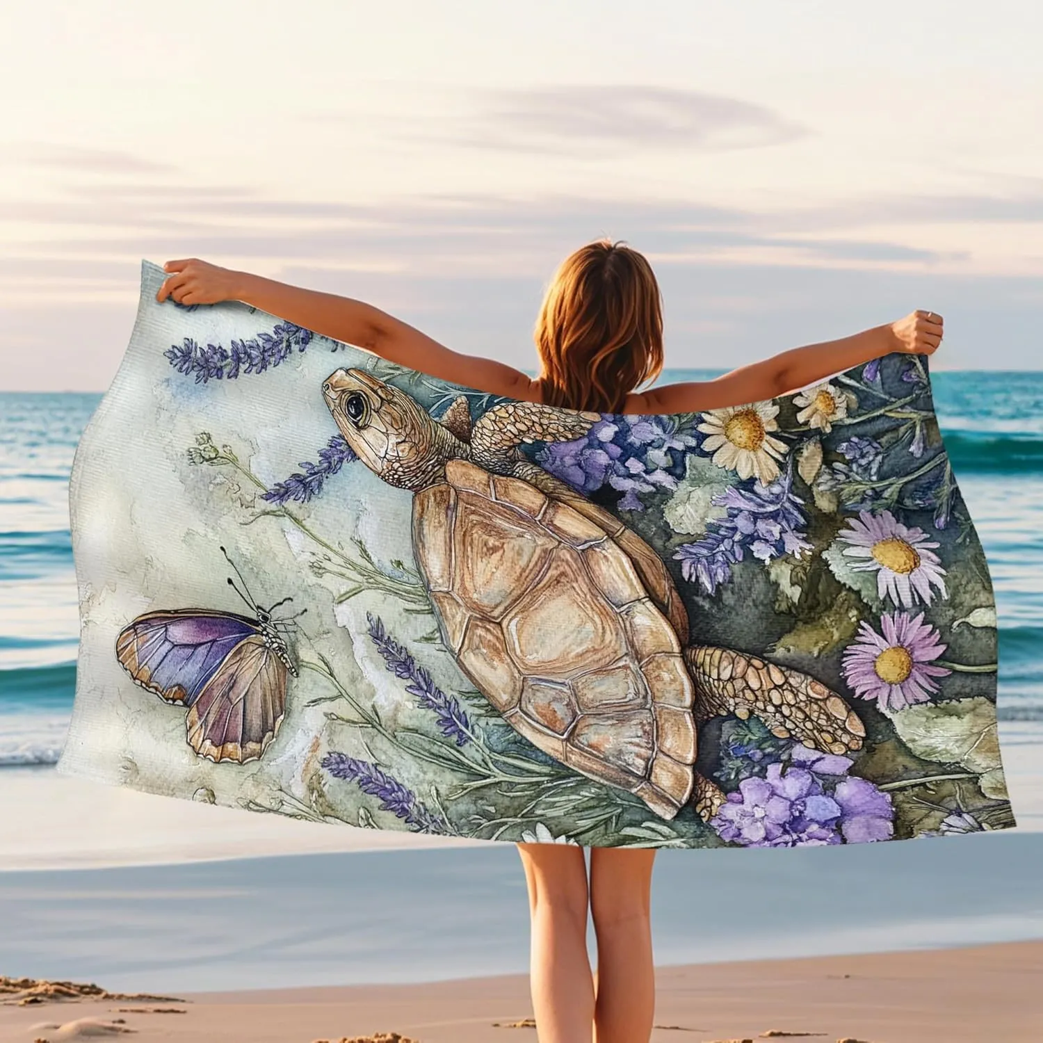 Artistic Sea Turtle Microfiber Beach Towel Blue Nature Design Quick Dry Absorbent Sand Free Soft Lightweight Pool Picnic Essentials 62x31 Inch