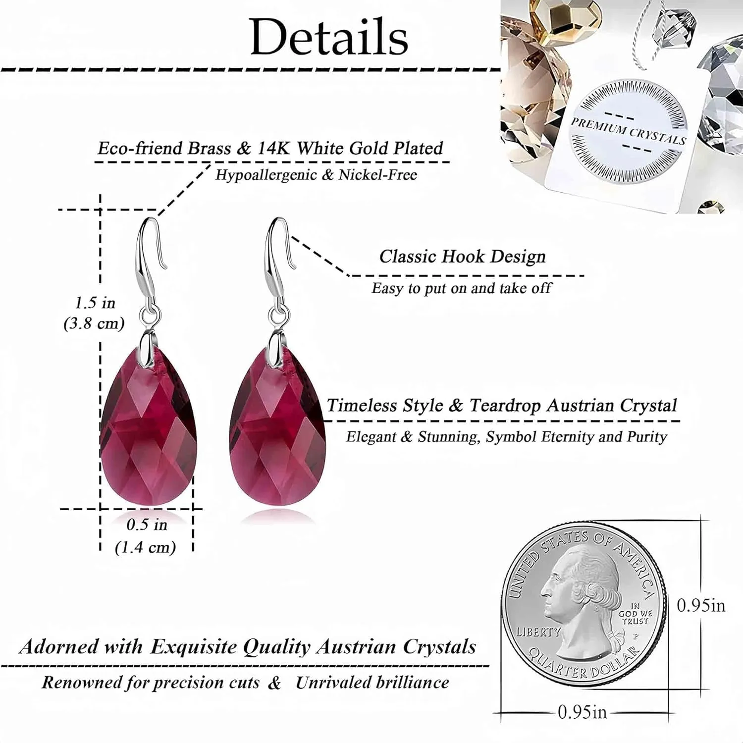 Austrian Crystal Teardrop Dangle Hook Earrings for Women 14K Gold Plated Hypoallergenic Jewelry