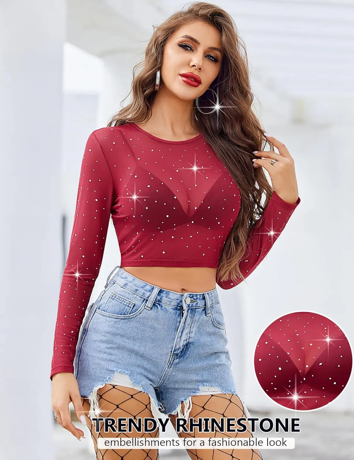 Avidlove Womens Sparkly Rhinestone Mesh Top Long Sleeve Sheer Shirt Crewneck Glitter Tops See Through Crop Top