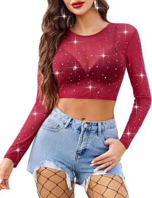 Avidlove Womens Sparkly Rhinestone Mesh Top Long Sleeve Sheer Shirt Crewneck Glitter Tops See Through Crop Top