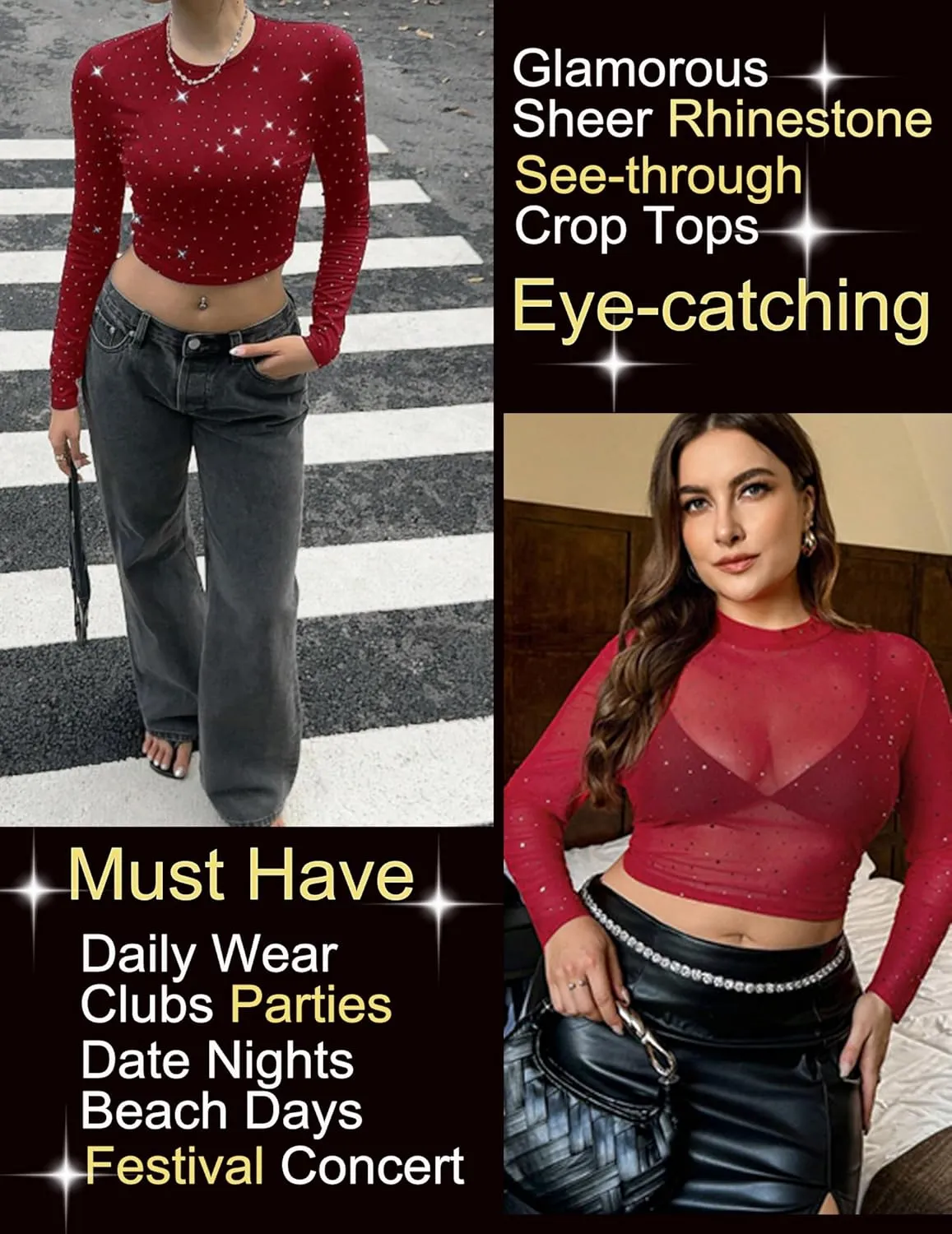 Avidlove Womens Sparkly Rhinestone Mesh Top Long Sleeve Sheer Shirt Crewneck Glitter Tops See Through Crop Top