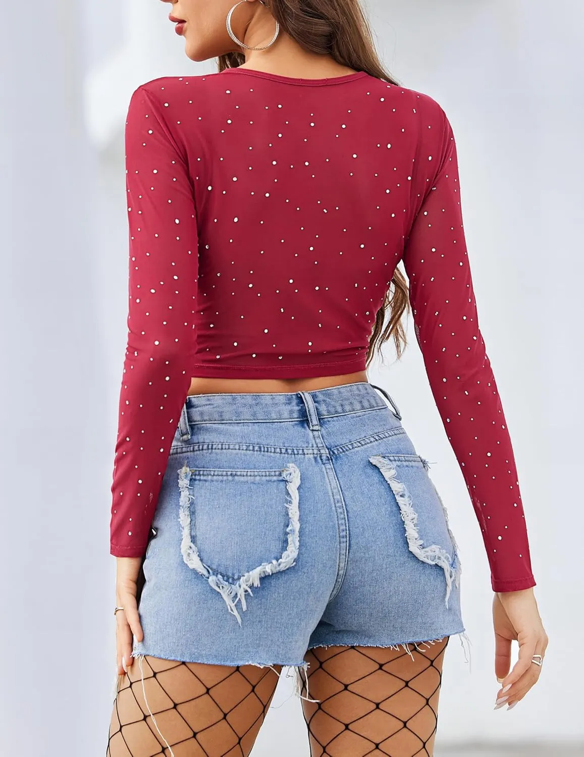 Avidlove Womens Sparkly Rhinestone Mesh Top Long Sleeve Sheer Shirt Crewneck Glitter Tops See Through Crop Top