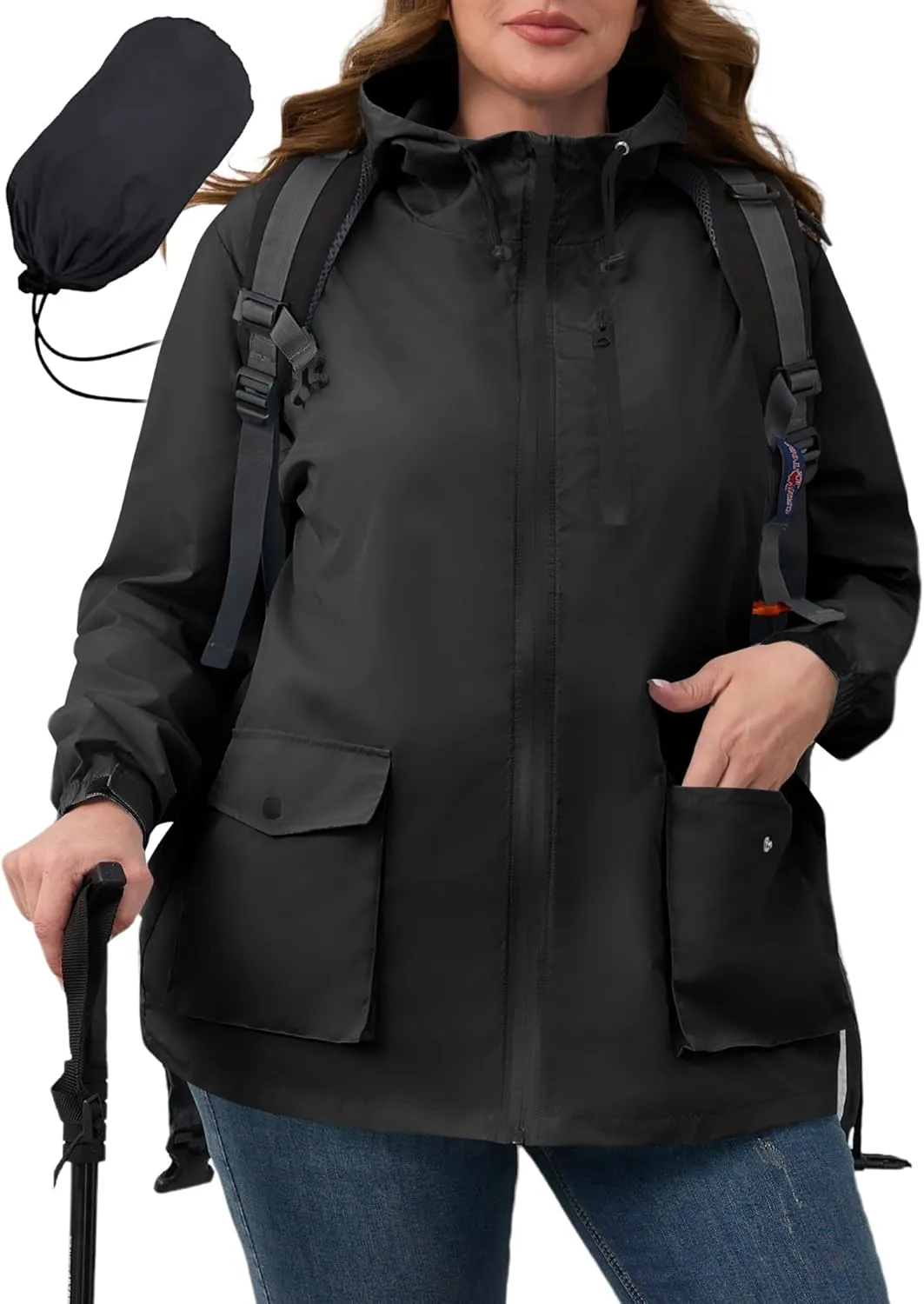 Avoogue Plus Size Womens Rain Jacket with Hood,Packable,Lightweight,Windbreaker,Waterproof Thin Jackets,Hiking,Travel