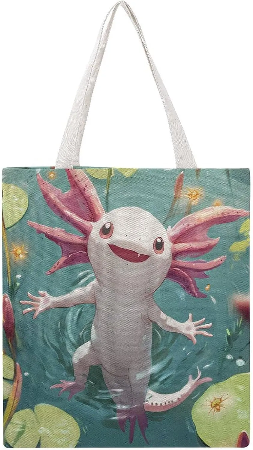Axolotl In The Pond Tote Bag Canvas Handbags Large Shoulder Bag Shopping Grocery Bags for Work Travel Shopping