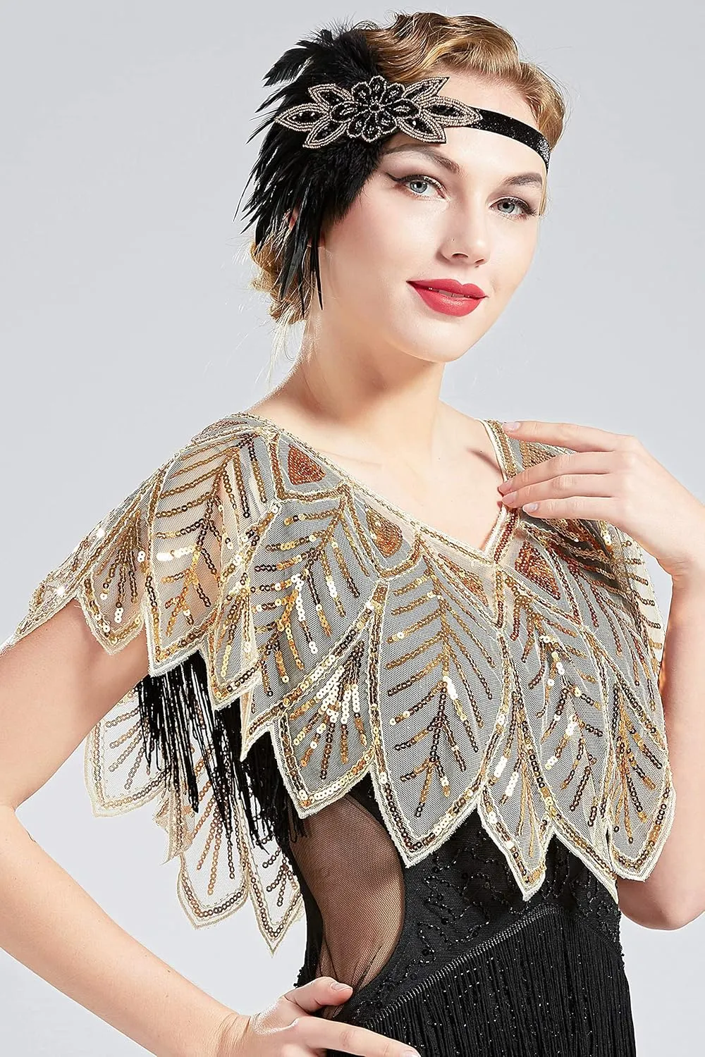 BABEYOND 1920s Shawl Wraps Sequin Beaded Evening Cape Bridal Shawl