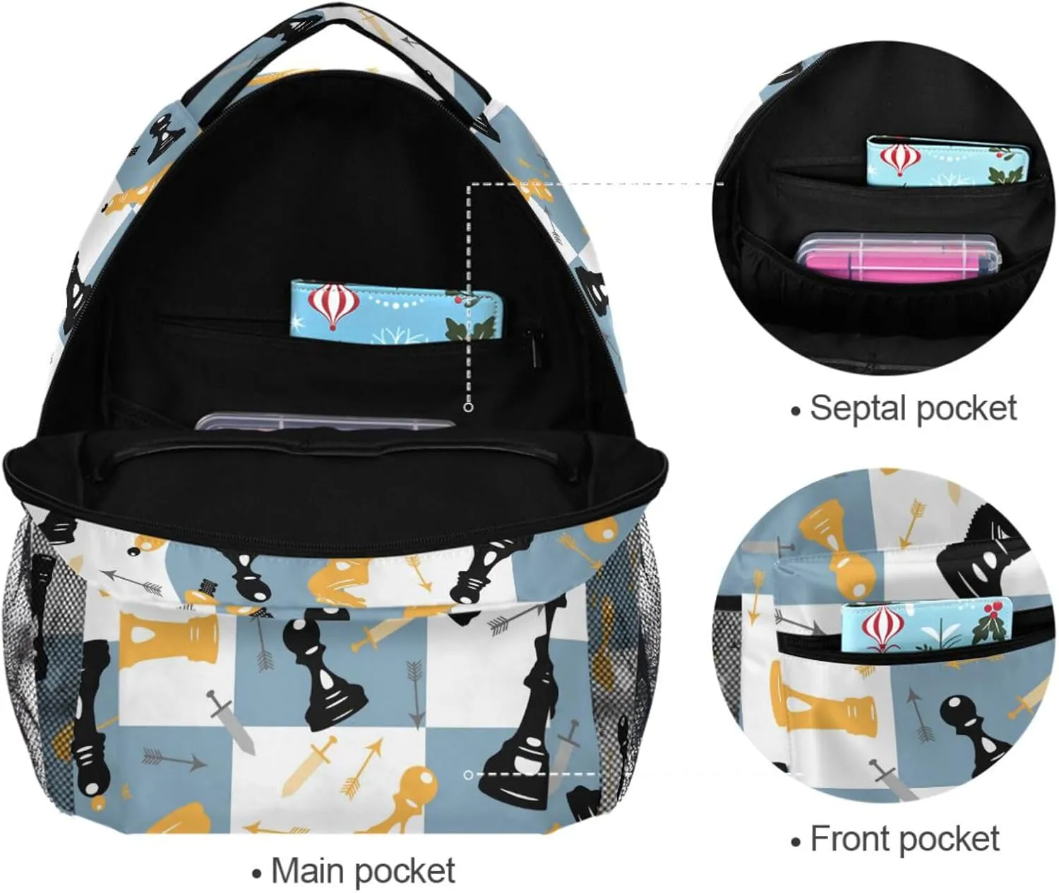 Backpack Blue White Chess Board Bookbag Daypack Travel Hiking Camping School Laptop Bag