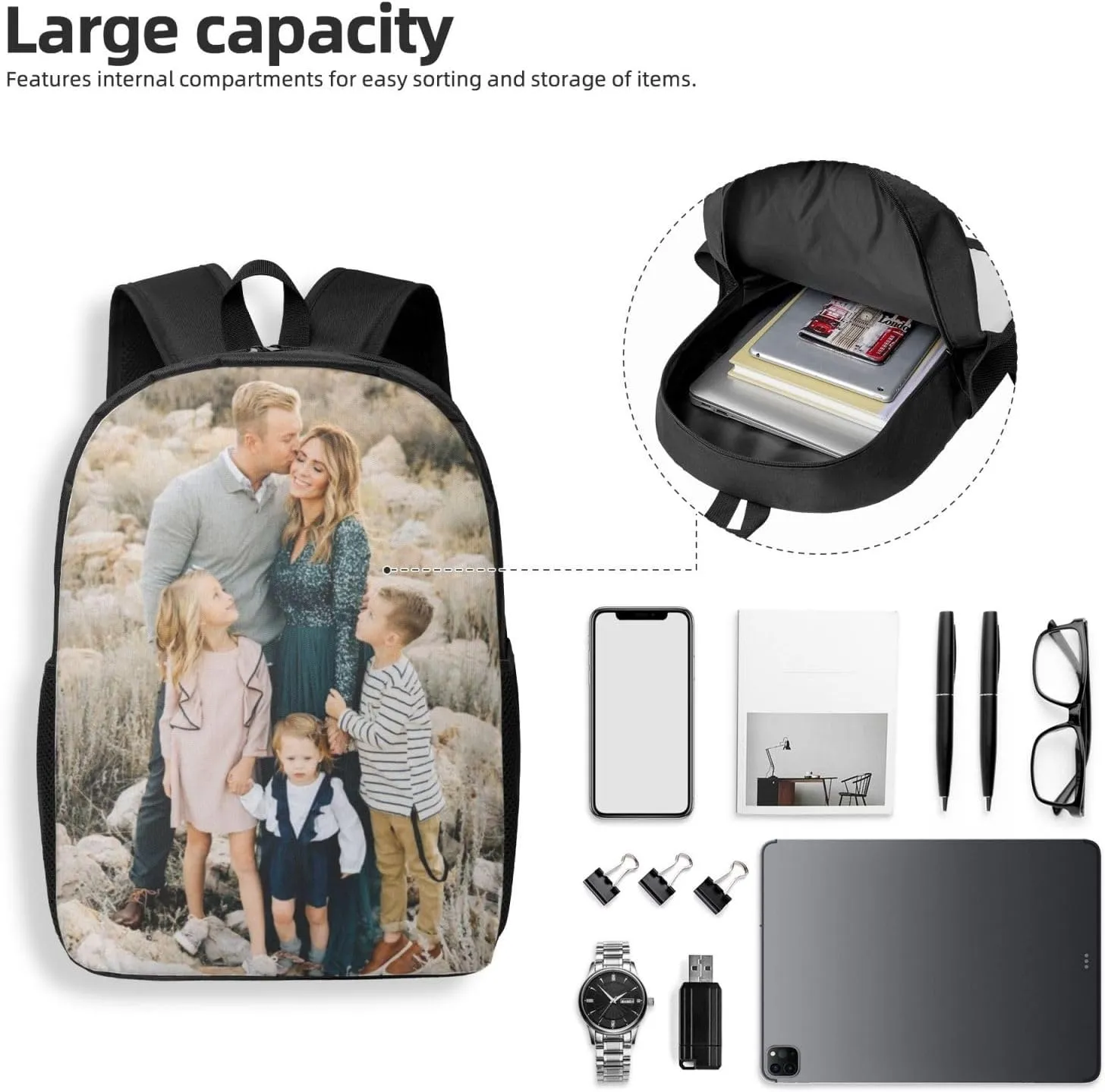 Backpack for Man Women Personalized Backpacks Design with Text Photo Name Logo Customized Large Capacity Casual Travel Laptop Bag 17in
