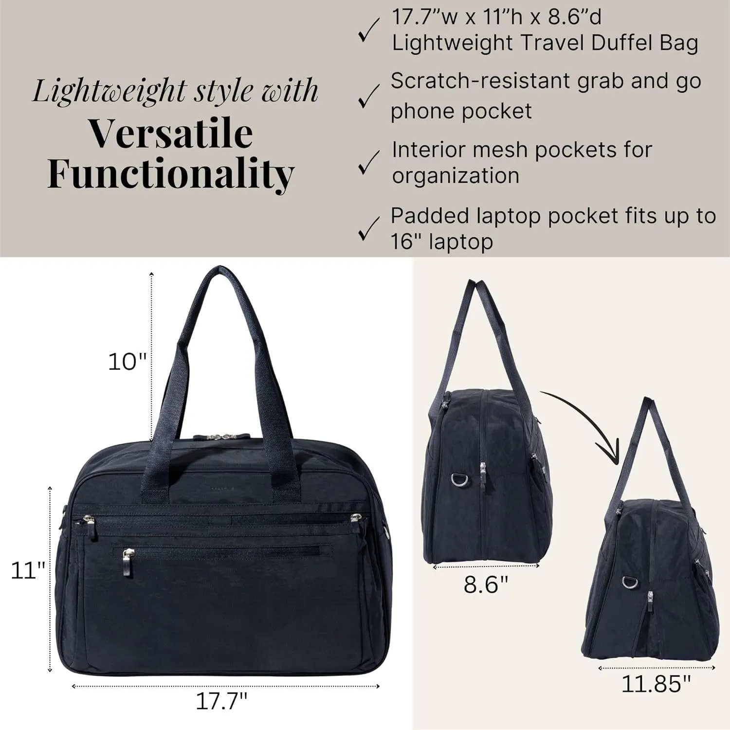 Baggallini Weekender Expandable Duffel - Lightweight 11x17 Inch Overnight Travel Bag