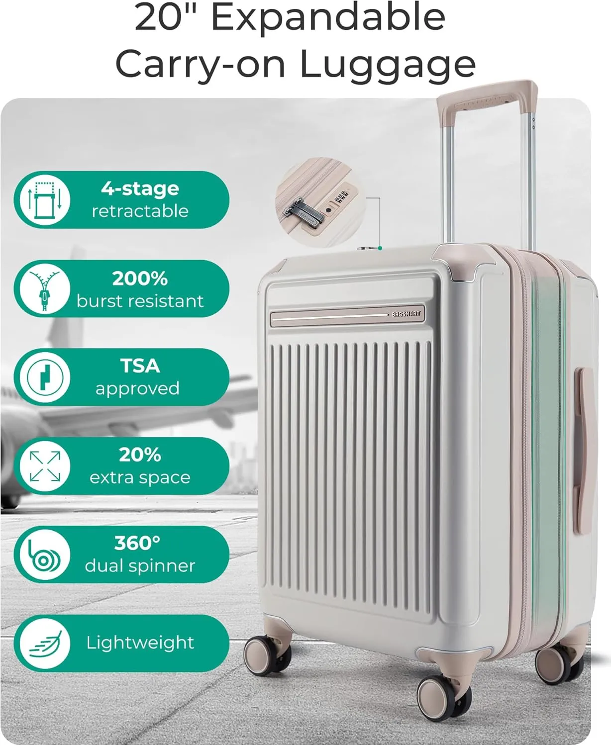 BAGSMART 20 inch Carry on Luggage with Spinner Wheel, Lightweight Carry on Suitcase TSA Lock, Hard Shell Carry on Luggage 22x14x9 Airline Approved Travel Suitcase, Sliver