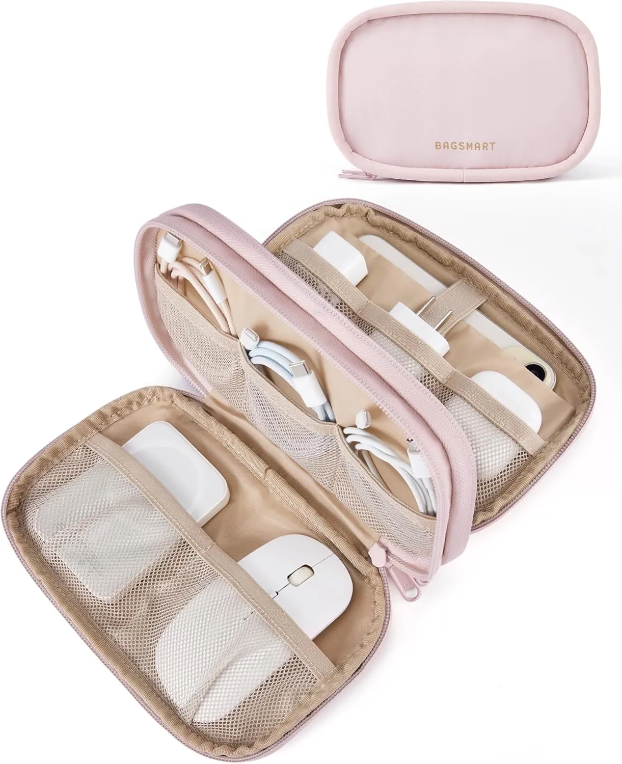 BAGSMART Cord Organizer Travel Cable Bag, Compact Tech Electronic Organizer Travel Case, Essentials for Charger, Cable, Phone, Flash drive, Double Layers (Pink)