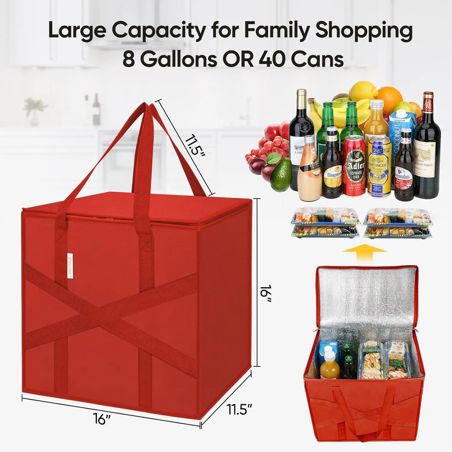 BALEINE 2Pk Insulated Reusable Grocery Bags, Collapsible Cooler Bag for Groceries, Heavy Duty Large Insulated Bag (X-Large, Bright Red)