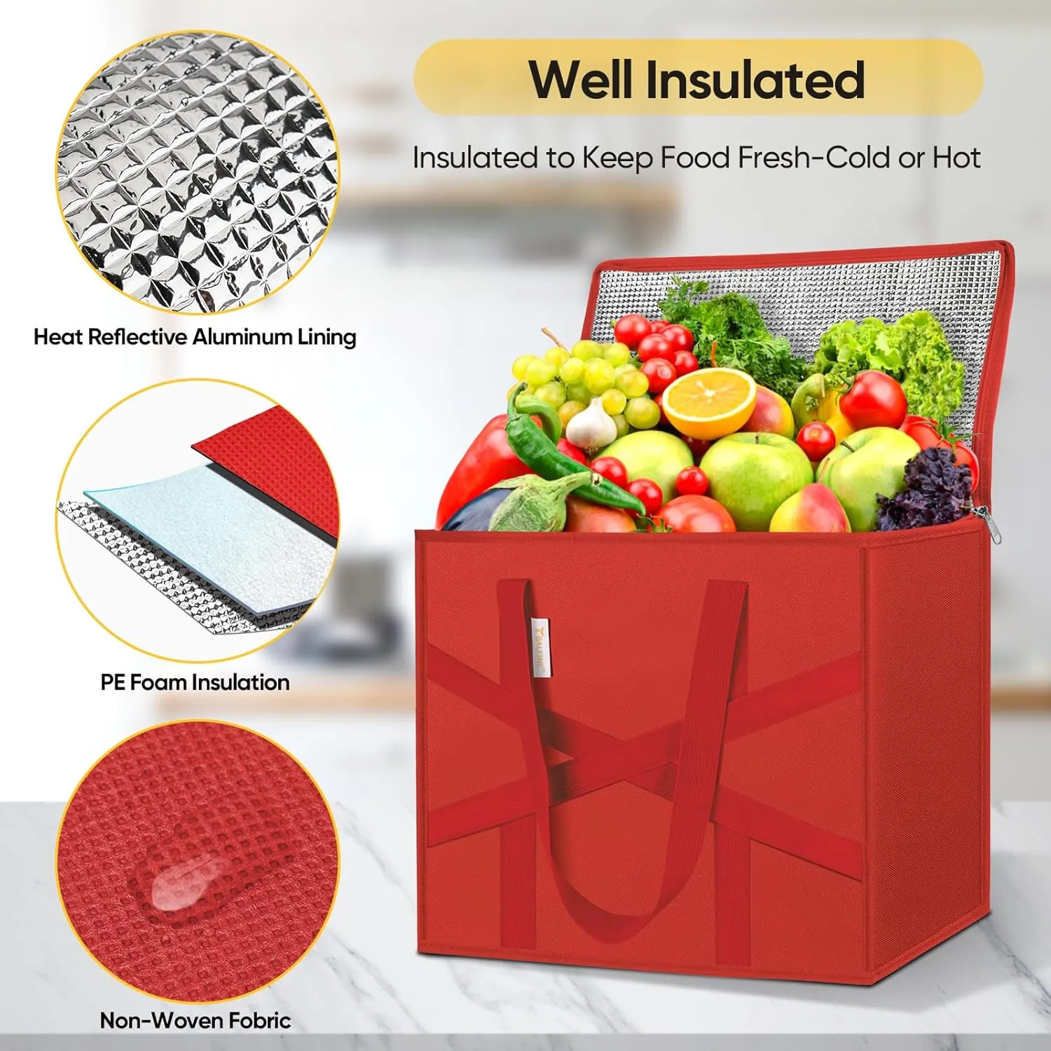 BALEINE 2Pk Insulated Reusable Grocery Bags, Collapsible Cooler Bag for Groceries, Heavy Duty Large Insulated Bag (X-Large, Bright Red)