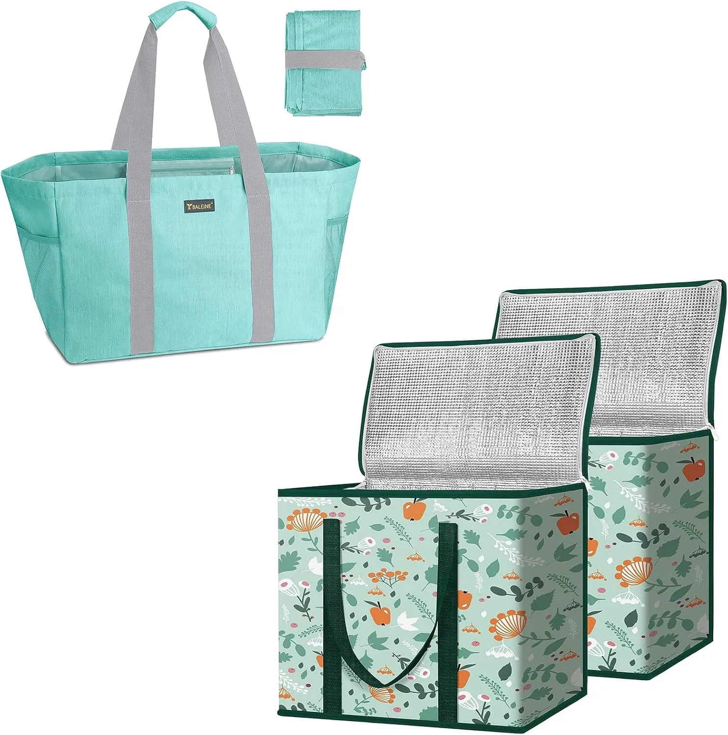 BALEINE 2Pk Insulated Reusable Grocery Bags  Soft 9 Gallon Extra Large Utility Tote