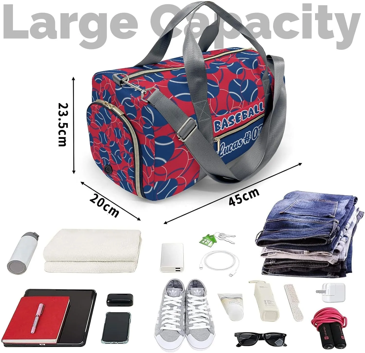 Baseball Navy Blue Waterproof Duffel Bag Adjustable Shoulder Strap Perform Training Travel Bag for Teens Adults Women Men