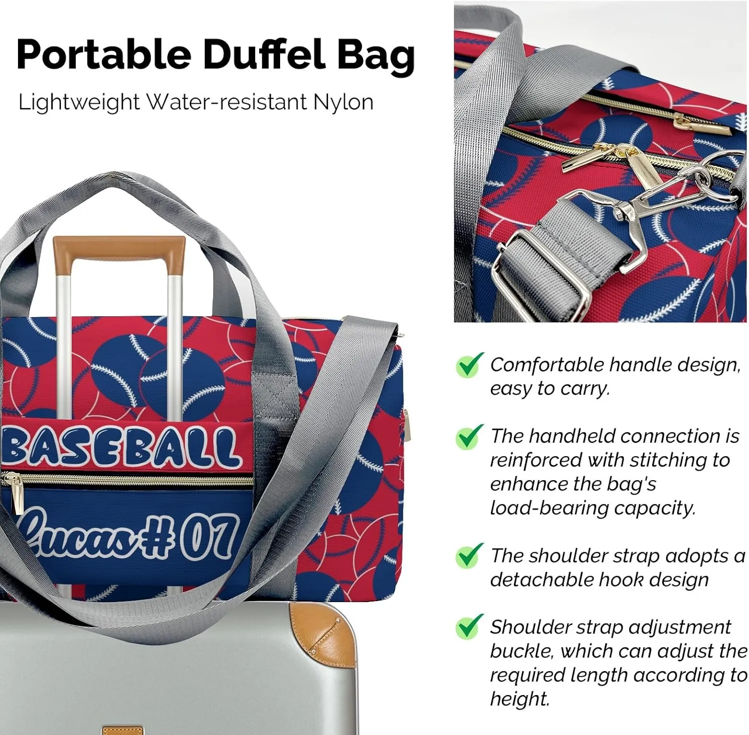 Baseball Navy Blue Waterproof Duffel Bag Adjustable Shoulder Strap Perform Training Travel Bag for Teens Adults Women Men