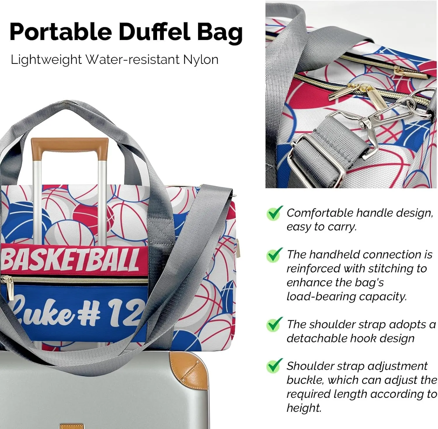 Basketball Pattern Fuchsia Blue White Waterproof Duffel Bag Training Travel Bag for Teens Adults Women Men