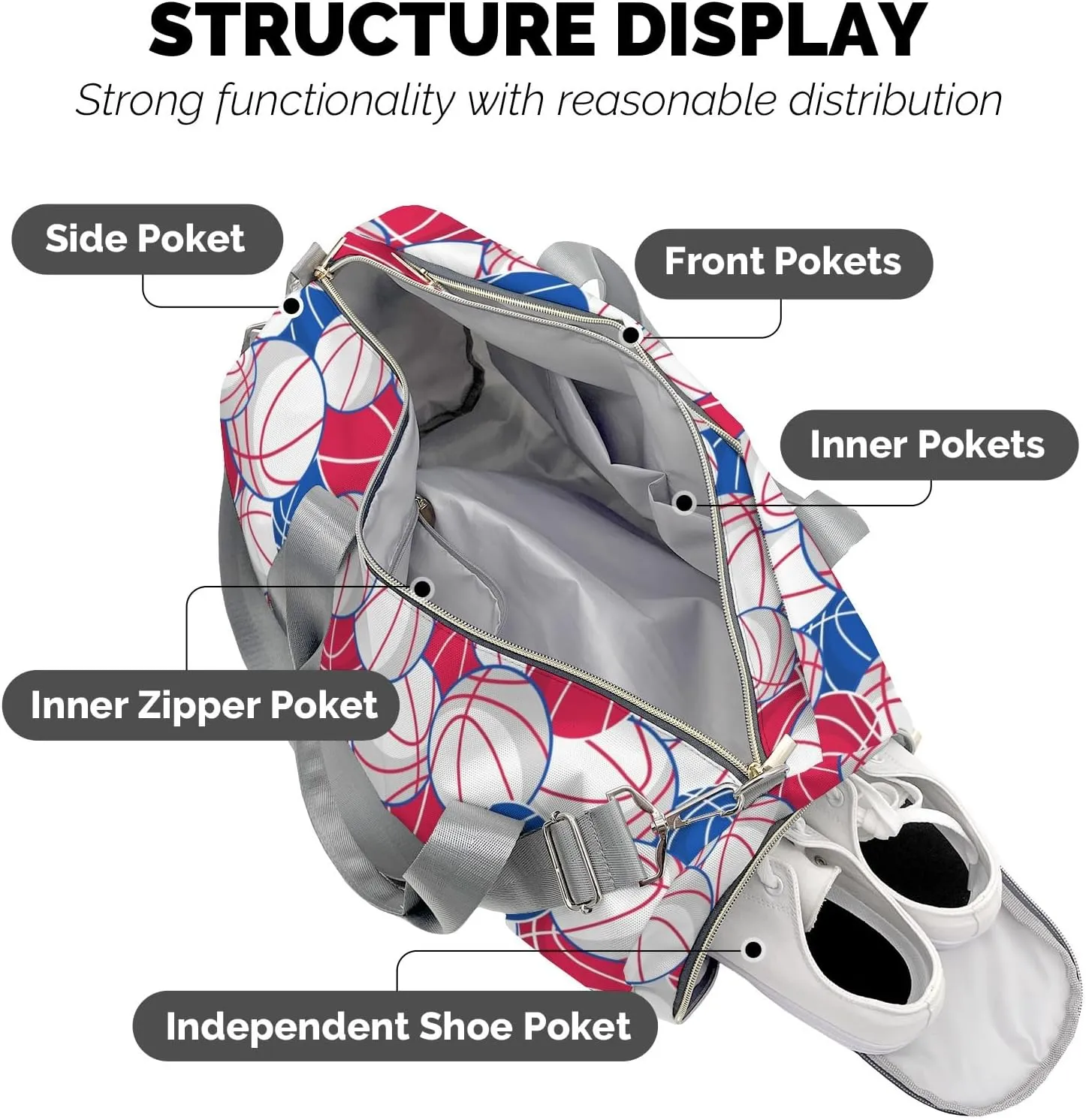 Basketball Pattern Fuchsia Blue White Waterproof Duffel Bag Training Travel Bag for Teens Adults Women Men