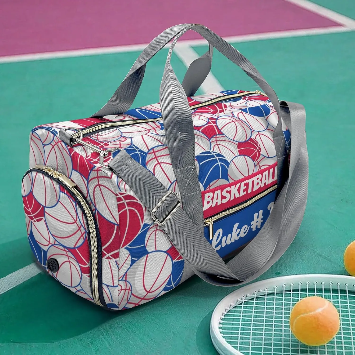 Basketball Pattern Fuchsia Blue White Waterproof Duffel Bag Training Travel Bag for Teens Adults Women Men