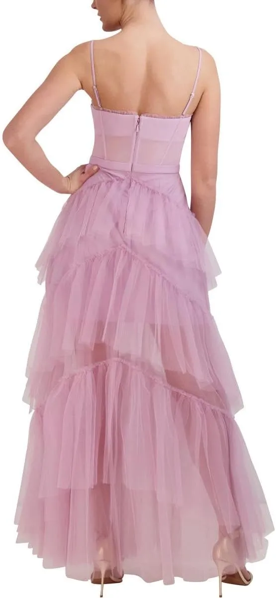 BCBGMAXAZRIA Womens Fit&Flare Maxi Adjustable Spaghetti Strap Straight Neck SemiSheer Boned Corset Bodice Tiered Ruffle Skirt