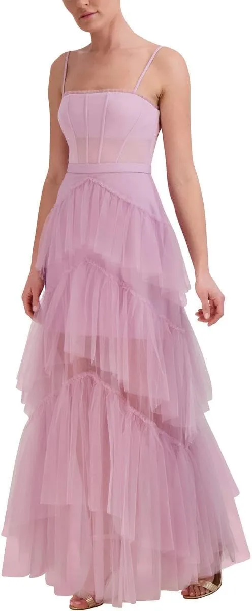 BCBGMAXAZRIA Womens Fit&Flare Maxi Adjustable Spaghetti Strap Straight Neck SemiSheer Boned Corset Bodice Tiered Ruffle Skirt