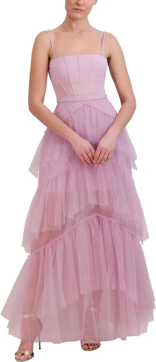 BCBGMAXAZRIA Womens Fit&Flare Maxi Adjustable Spaghetti Strap Straight Neck SemiSheer Boned Corset Bodice Tiered Ruffle Skirt