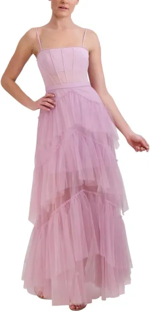 BCBGMAXAZRIA Womens Fit&Flare Maxi Adjustable Spaghetti Strap Straight Neck SemiSheer Boned Corset Bodice Tiered Ruffle Skirt