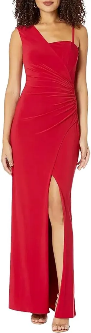 BCBGMAXAZRIA Women's Sleeveless Fit and Flare Long Evening Dress Adjustable Spaghetti Strap Asymmetrical Neck Front Slit