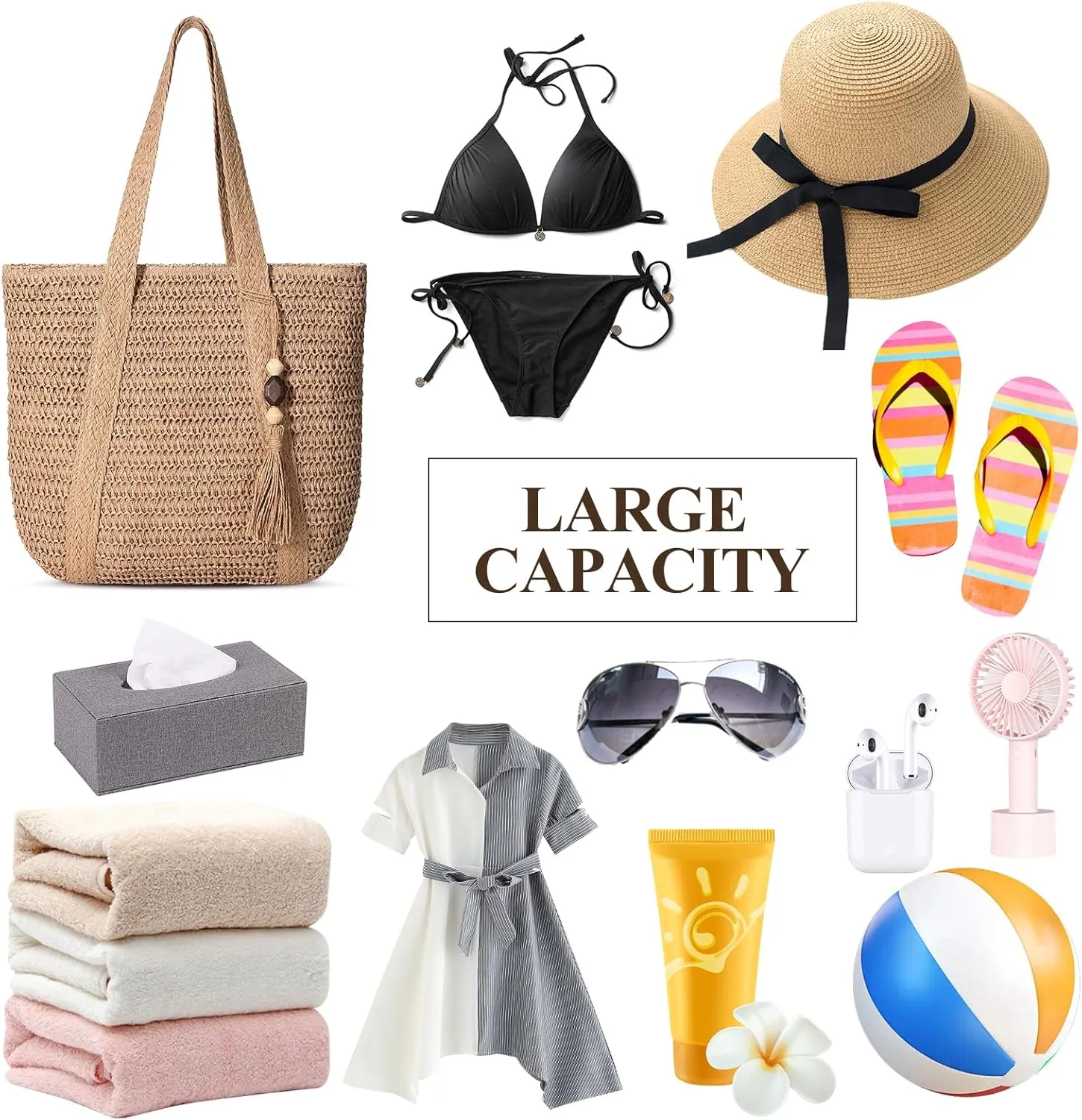 Beach Bags for Women, Large Beach Bag, Woven Straw Tote Bags Waterproof, Weaving Swim Shopping Travel Bag