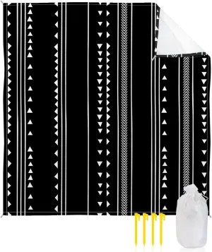 Beach Blanket Sandproof, Boho Style Stripe Triangle Pattern Black Waterproof Beach Mat Lightweight Quick Drying Picnic Blanket Beach Essentials for Travel Camping Hiking 118x108in