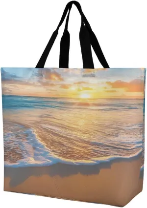 Beach Sea Sunrise Women's Shoulder Shopping Bags Foldable Tote Bag Large Capacity Handbag for Work Travel