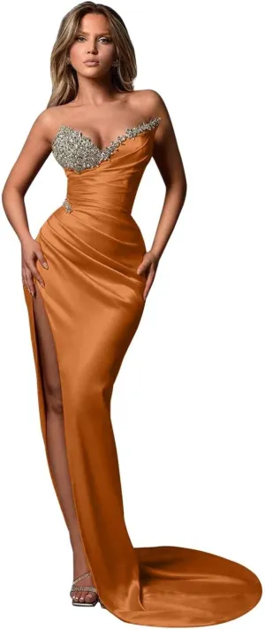 Beaded Mermaid Prom Dresses with Slit 2025 Strapless Satin Bridesmaid Dress for Women Formal Evening 887