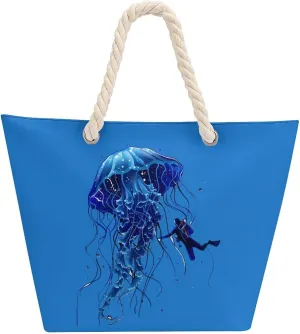 Beautiful Jelly Fish with Scuba Diver Beach Bag Large Tote Bags Shopping Travel Gym Handbags with Rope Handles
