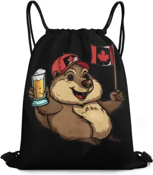Beaver Holding Canada Flag Beer Drawstring Backpack Durable String Bag Sports Sackpack Cinch Bags for Gym Travel